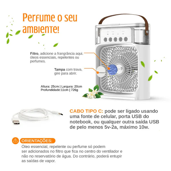 Ventilador Portátil 3 em 1 com Ar Condicionado, Umidificador e Luzes LED Noturnas