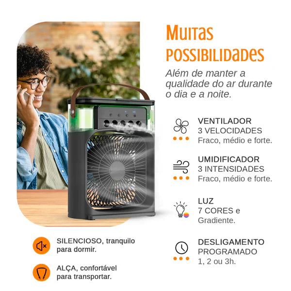 Ventilador Portátil 3 em 1 com Ar Condicionado, Umidificador e Luzes LED Noturnas