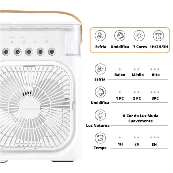 Ventilador Portátil 3 em 1 com Ar Condicionado, Umidificador e Luzes LED Noturnas